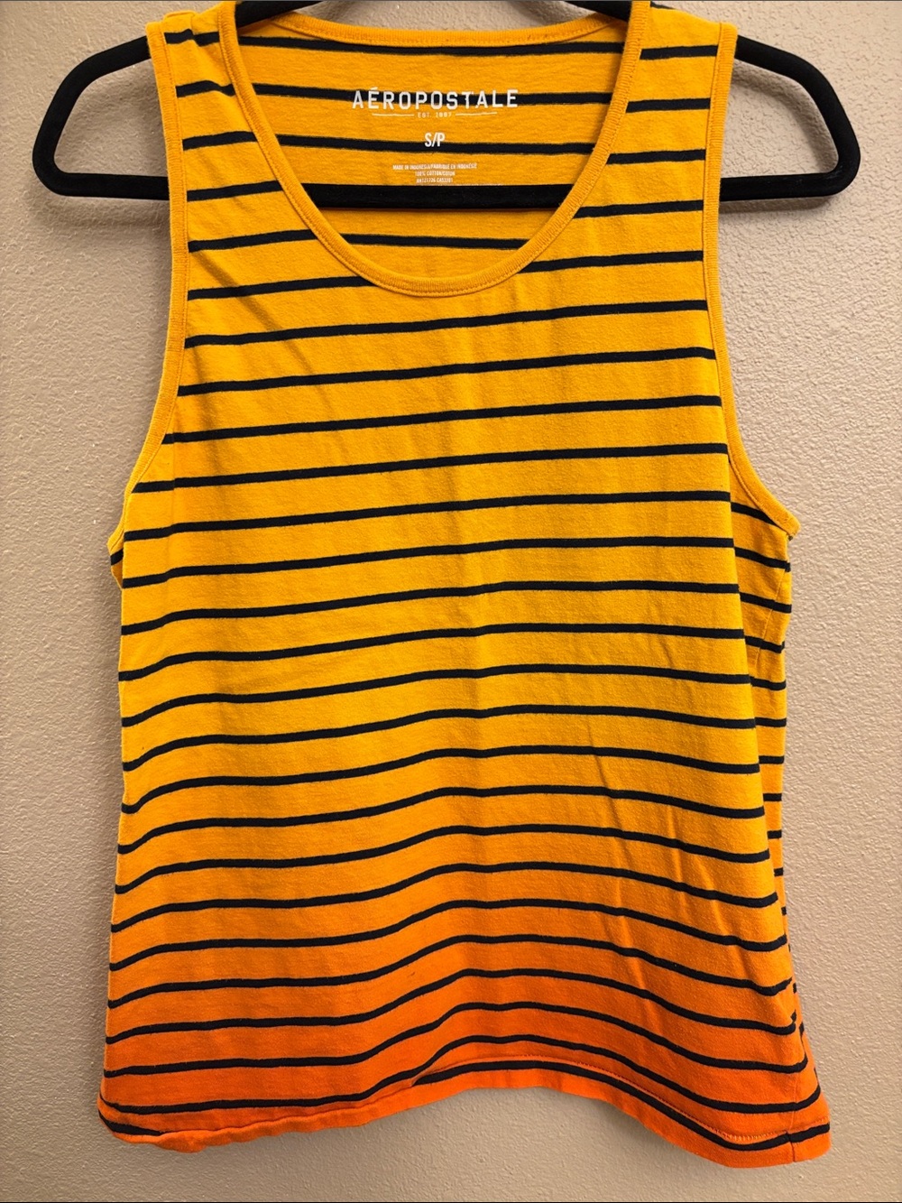 Aeropostale SMALL Yellow to Orange Ombre Black Striped Tank